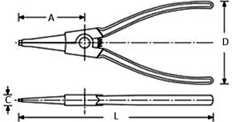 Stanley Circlip (Snap Ring) Plier Dimensions, Straight Type